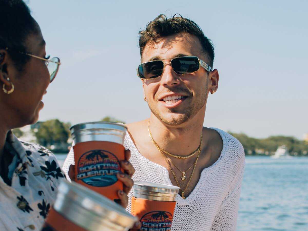 Two friends toasting on the bow.