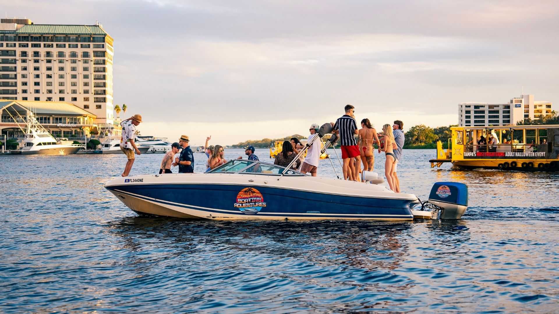Large group enjoying a Tampa Bay boat day near Harbour Island.