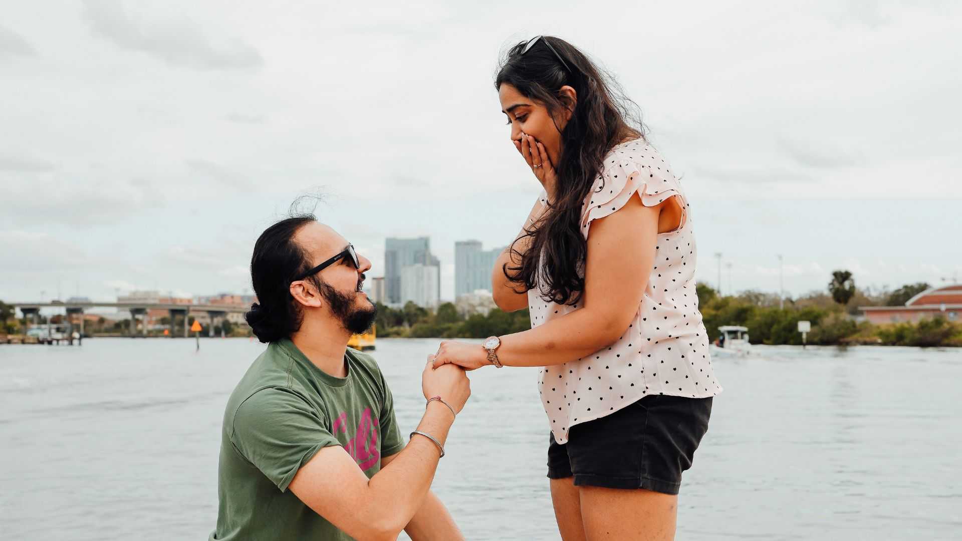 Romantic boat proposal at a private charter boat in Tampa Bay.