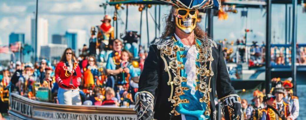 pirate costume gasparilla near a boat