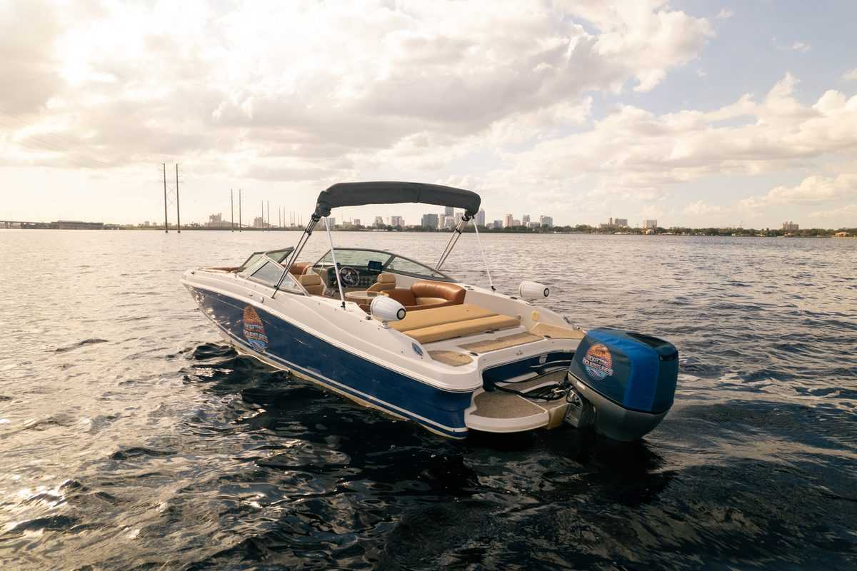 Aerial stern view of the charter boat on Tampa Bay.