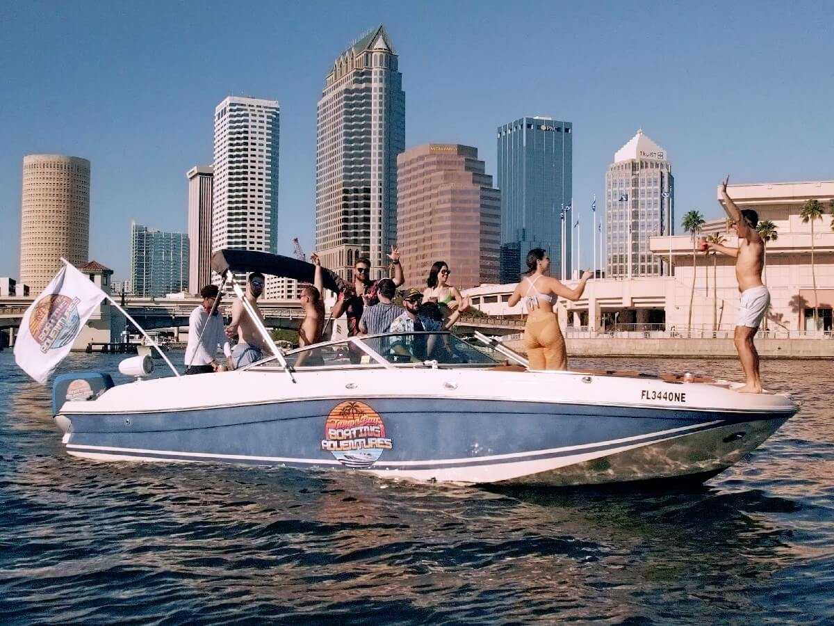 Drone shot of a group boat party in the Seddon Channel, Tampa.