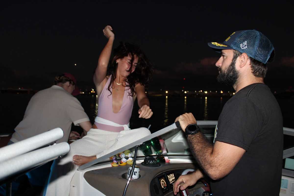 Dancing by the helm on a night cruise in Tampa.