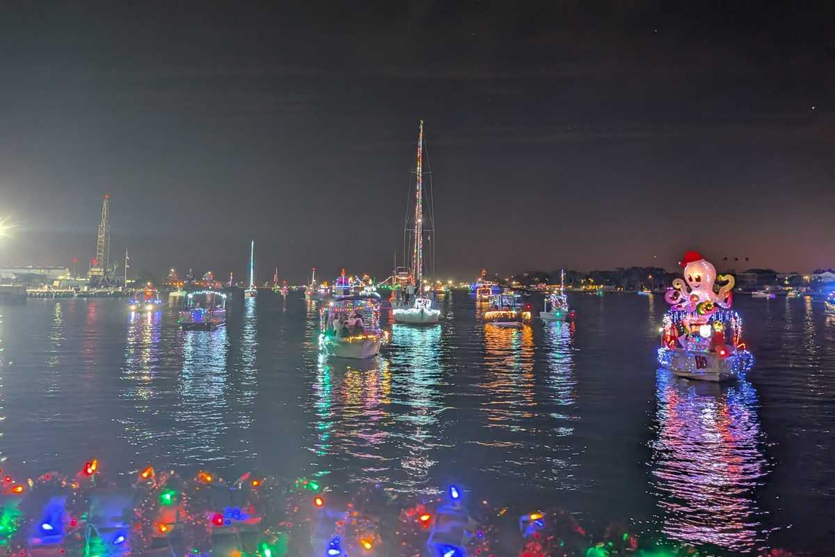 Boats lit up for the Christmas boat parade in Tampa.