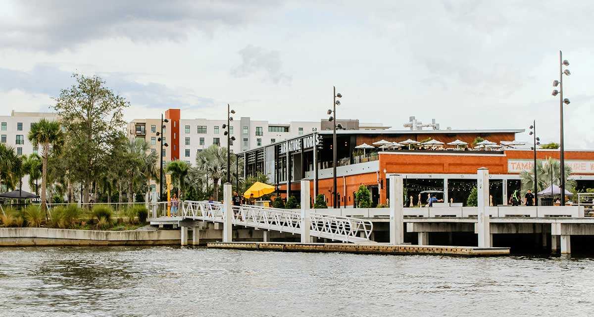 A view of Armature Works from the water in Tampa Bay, Florida.